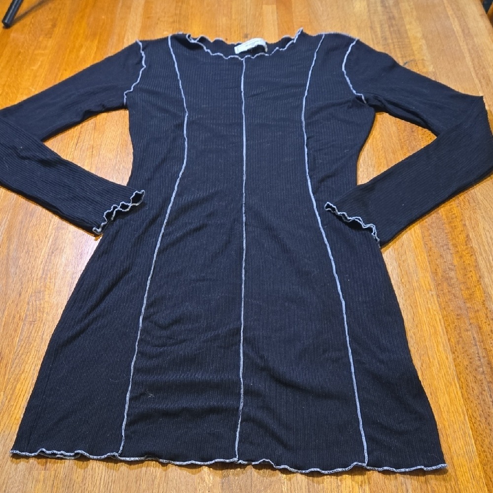 No Comment NY LA Women Large Black Fit Flare Long Sleeve White Trim Dress